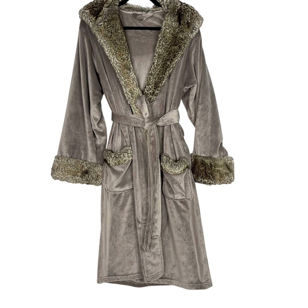 Pottery Barn Gray Caramel Small Faux Fur Robe Plush Tie Waist Hooded Cozy Lounge